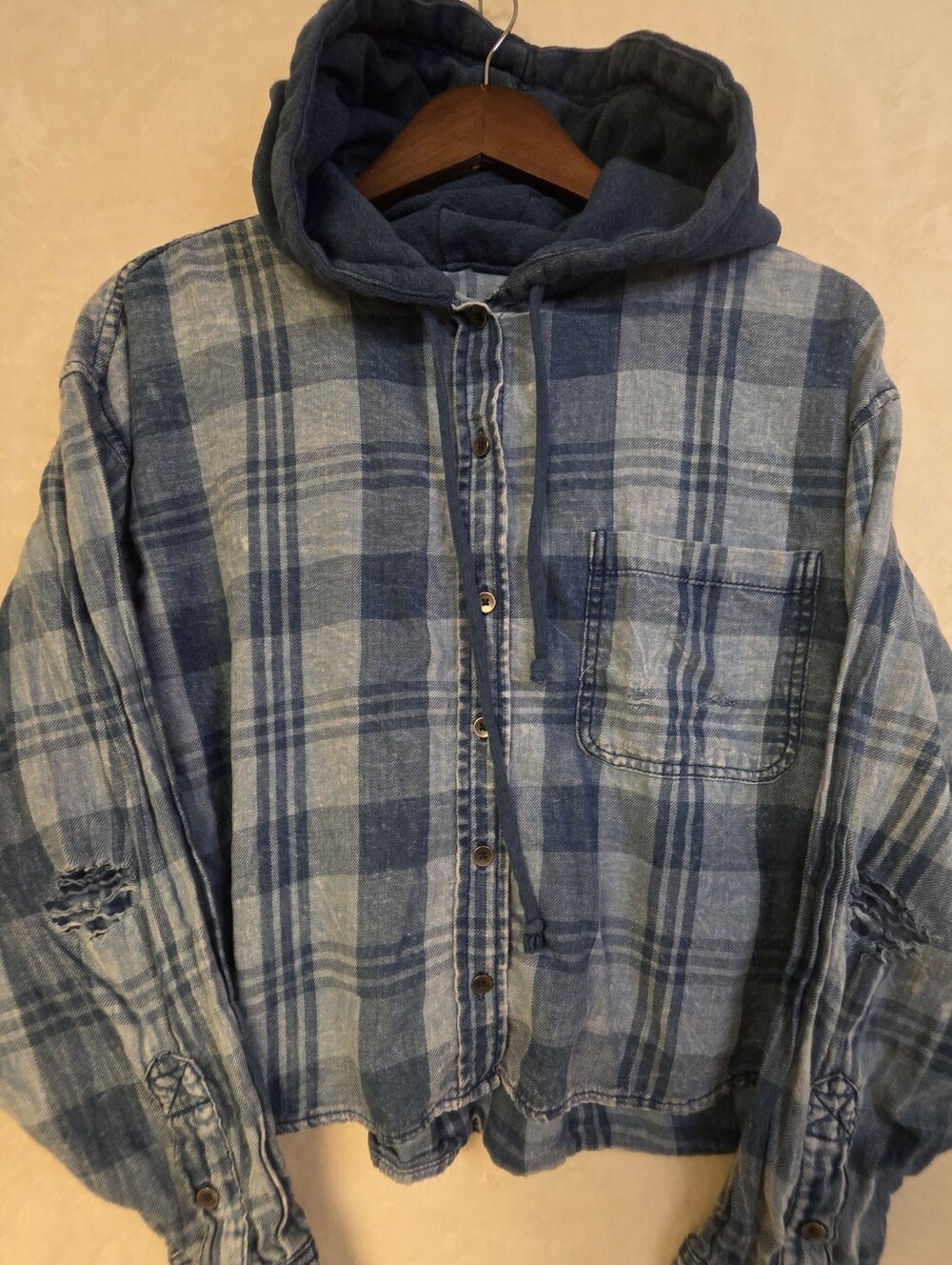 American Eagle Blue Plaid Hooded Jacket Vintage-Inspired Soft Cotton Blend SizeL